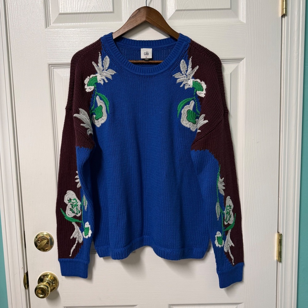 Cabi Sweater Women M Vineyard Floral Embroidered Colorblock Crew Neck Knit 4859 - Picture 3 of 13
